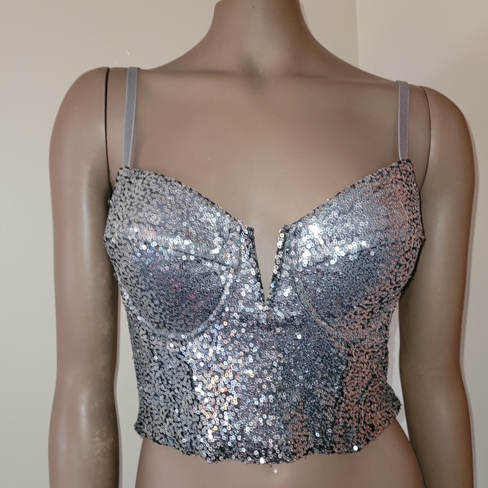 Charlotte Russe Crop Bustier Silver Sequin Top
